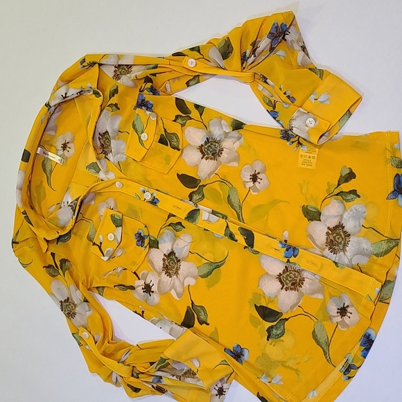 A'GACI Gold Yellow Button Down Sheer Adjustable Long Sleeve Blouse - Picture 3 of 4